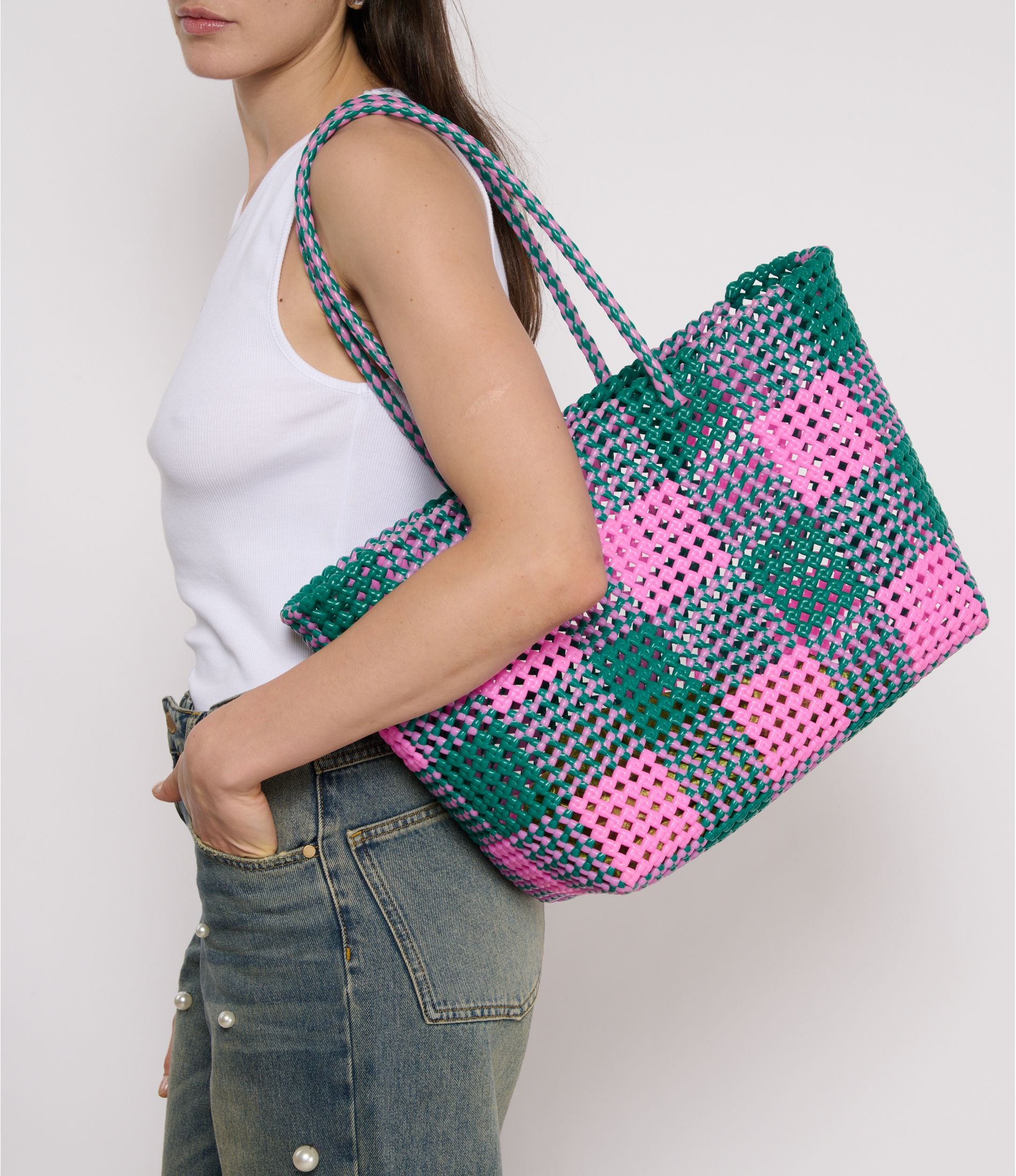 N°52L - SAC PANIER TRESSÉ MAIN - GRAND - rose clair & vert foncé