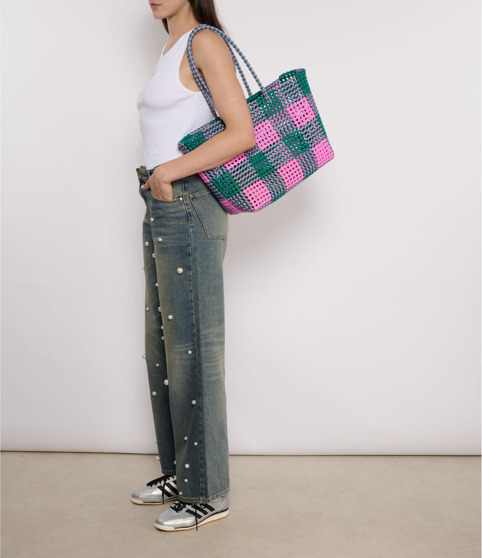 N°52L - SAC PANIER TRESSÉ MAIN - GRAND - rose clair & vert foncé