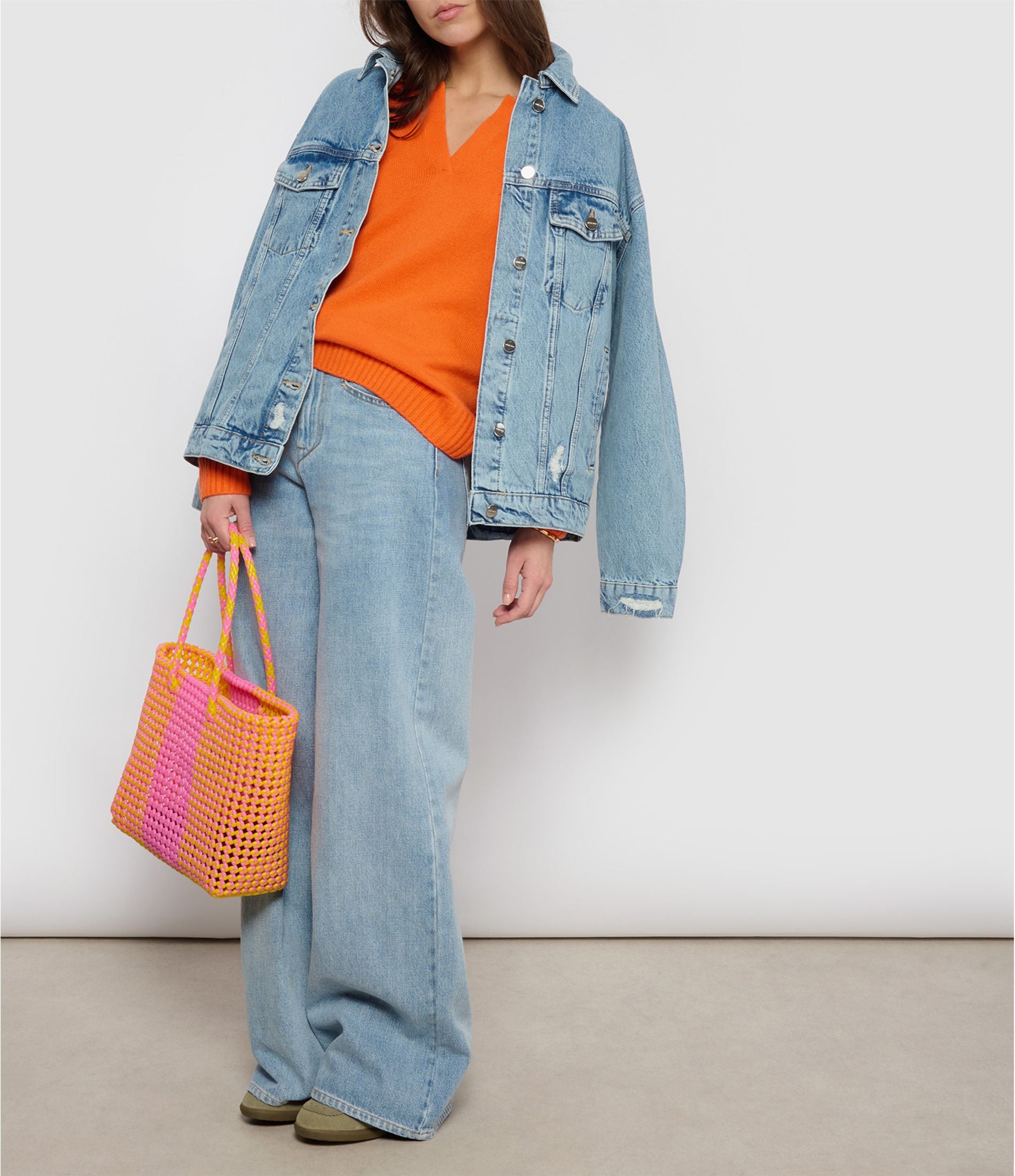 N°24M bis - SAC PANIER TRESSÉ MAIN - MOYEN - jaune & rose clair