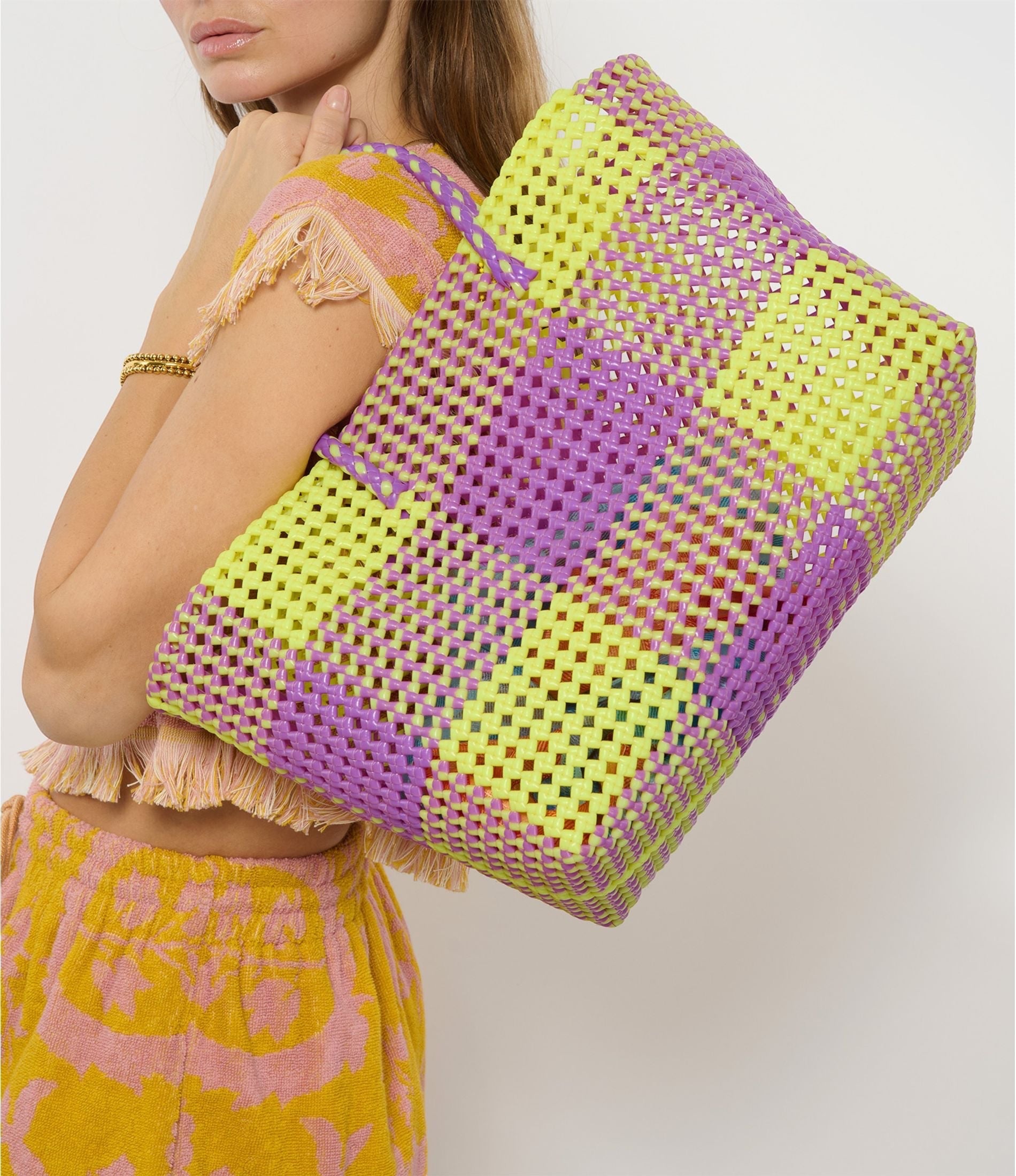 N°7L - SAC PANIER IMPARFAIT - GRAND - jaune fluo & violet