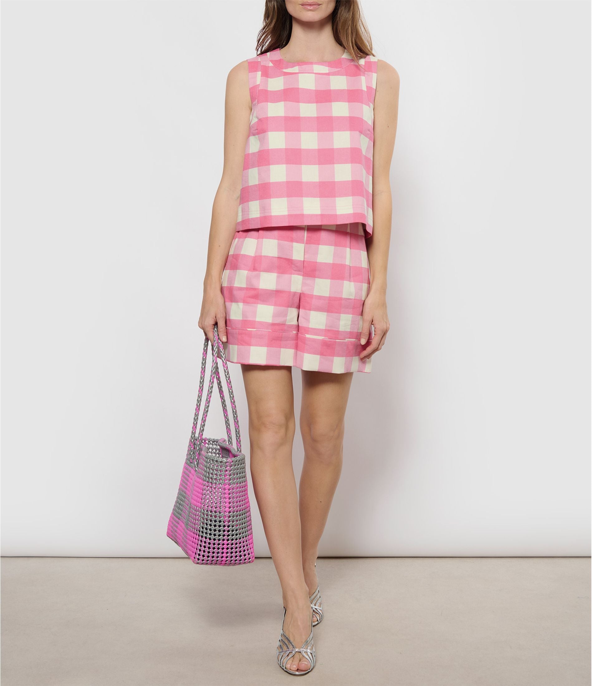 N°110L - SAC PANIER TRESSÉ MAIN - GRAND - rose clair & argenté