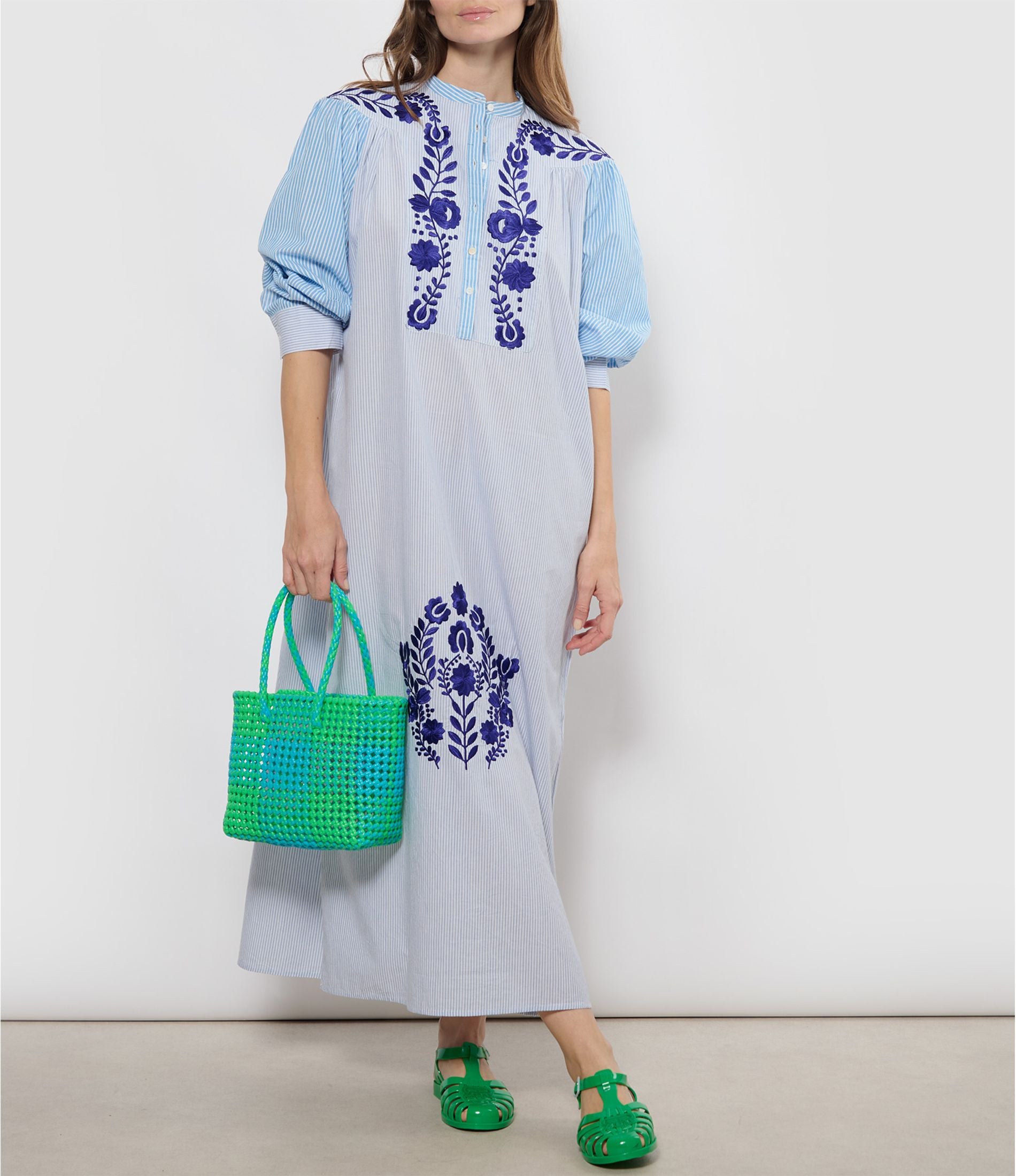 N°220S - SAC PANIER TRESSÉ MAIN - PETIT - vert fluo & bleu clair