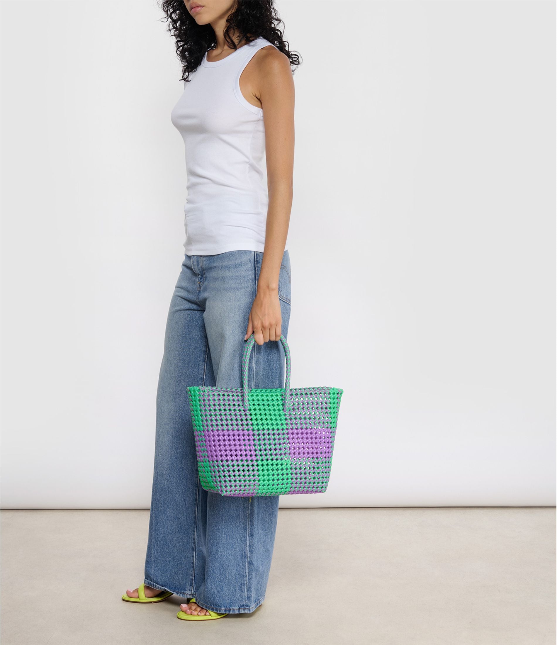 N°2M - SAC PANIER TRESSÉ MAIN - MOYEN - vert fluo & violet