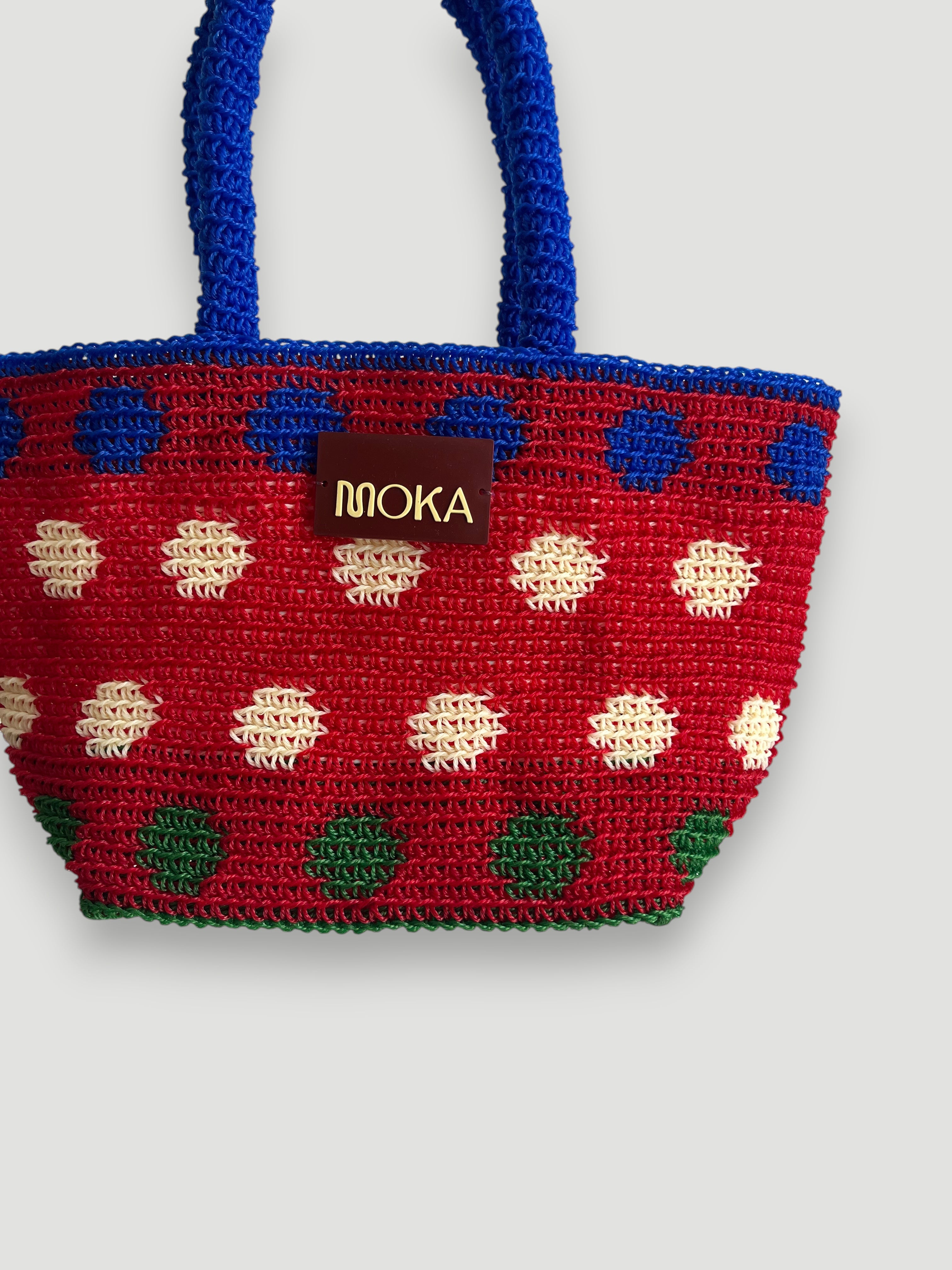 No. 31SC - CROCHET BASKET BAG WITH SMALL POLKA DOTS - SMALL - RED